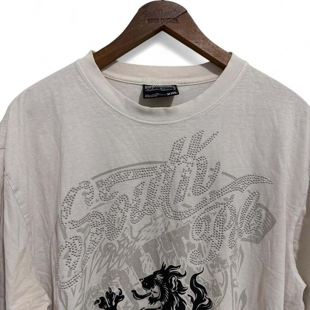 Southpole Rhinestone Lion Crest T-Shirt Size XXL Off-White Y2K
